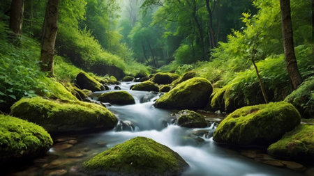 Stream in the green forest. Nature composition. Panoramic image.