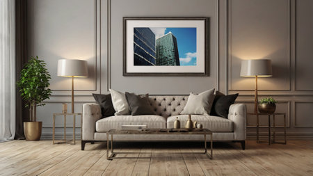 Modern interior of living room with sofa and picture on wall. 3D rendering