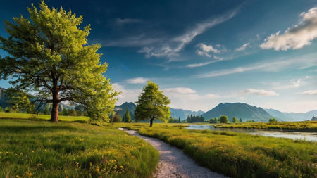 Beautiful summer landscape with green meadow and mountains in the backgroundの写真素材