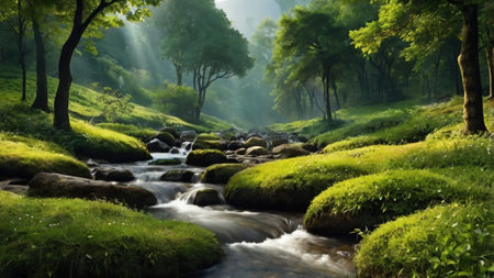 Beautiful summer landscape with mountain river and green forest in the morning