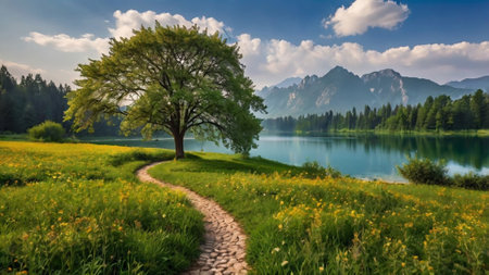 Panoramic view of idyllic alpine lake Strbske pleso in Dolomites, Italyの写真素材