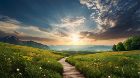 Beautiful summer landscape with meadow, mountains and wooden path.の写真素材