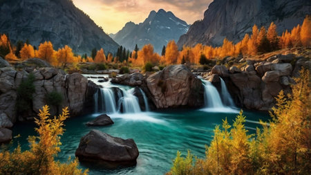 Autumn mountain landscape with a waterfall in the Dolomites, Italy