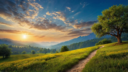 Sunset in the mountains landscape. Panoramic view of meadow and treeの写真素材