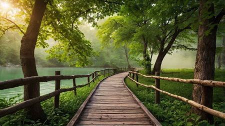 Wooden walkway in the forest with misty lake in the morningの写真素材
