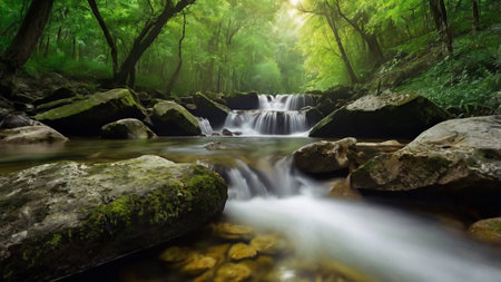 Beautiful waterfall in the forest. Nature background. Soft focus.