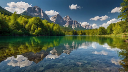 Idyllic alpine landscape with lake and mountains reflected in water
