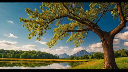 Beautiful summer landscape with large oak tree on the lake shore.