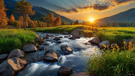 Mountain river at sunset. Beautiful summer landscape with mountain river.の写真素材