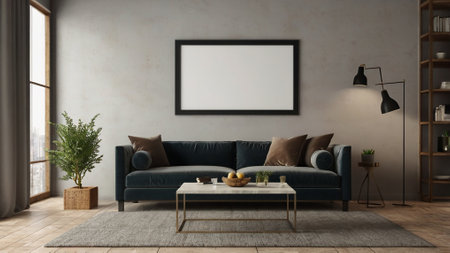 Modern living room interior with blue sofa, coffee table and blank poster on wall. 3D Rendering