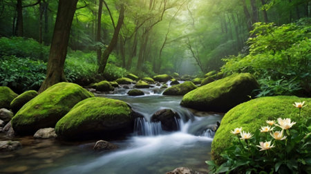 Mountain stream in the green forest. Beautiful nature landscape with waterfall.