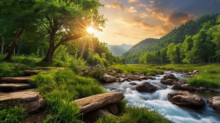 Beautiful landscape with a mountain river in the forest and sunset.の写真素材