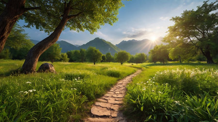 Path in the green meadow at sunset. Beautiful summer landscape.の写真素材
