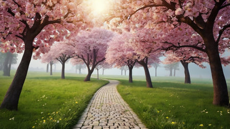 Cherry blossoms in the park. Spring background. 3d rendering