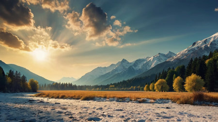 Beautiful alpine landscape with snow and pine trees at sunset.