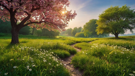 beautiful spring landscape with blooming tree and meadow at sunriseの写真素材