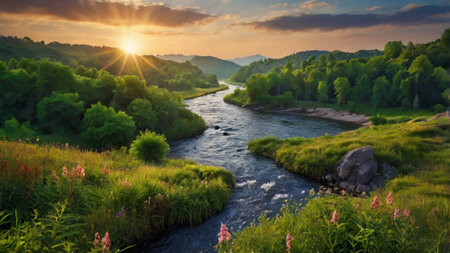 Beautiful summer landscape with a river in the mountains at sunset.の写真素材
