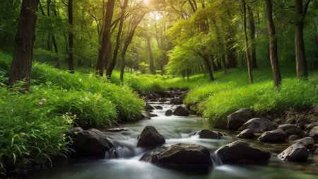 Stream in the green forest at springtime. Nature landscape background.