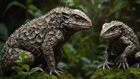 Close up of two chameleon statue in the rainforest.の写真素材