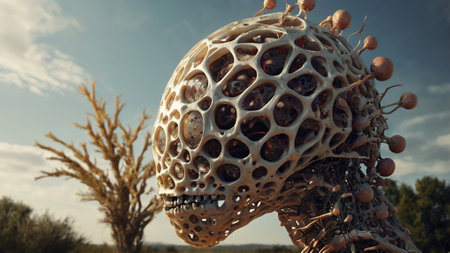 3d rendering of a human skeleton in the middle of a field