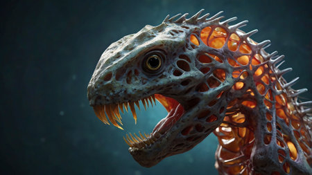 Fantasy dragon head with sharp teeth, close-up. 3D renderingの写真素材