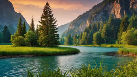 Beautiful mountain landscape with river and forest at sunset. Lago di Braies, Dolomites, Italyの写真素材