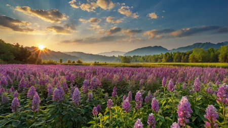 Lupine flowers on the background of the mountains and the sunset