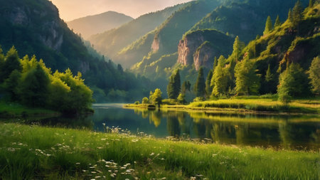 Beautiful summer landscape with mountain lake and forest on the background.の写真素材