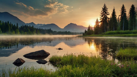 Sunset on the lake in the mountains. Carpathians, Ukraine