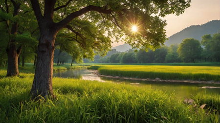 Rice field in the evening with sunbeam and tree background.の写真素材