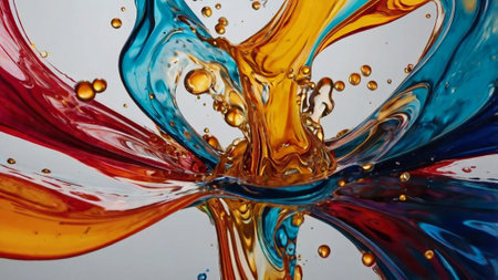 Colorful splashes and drops of water on a white background.