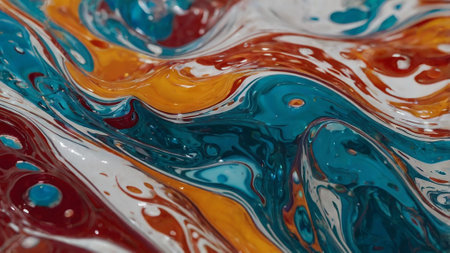Abstract background of acrylic paint in blue, orange and white colors.