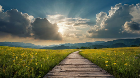 Wooden path in the meadow with yellow flowers and blue sky