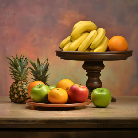 Still life with fruits on a wooden table in front of a grunge backgroundの写真素材