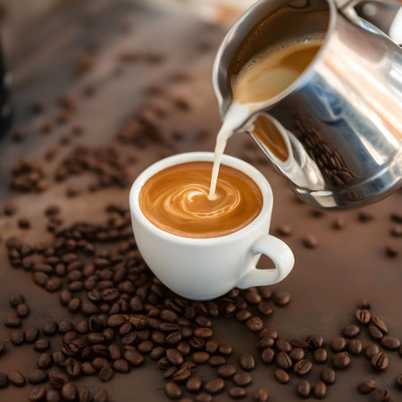 Coffee pouring into a cup of coffee with coffee beans aroundの写真素材