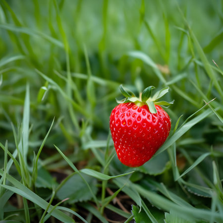 Strawberry on the grass in the garden. Fresh fruit.の写真素材