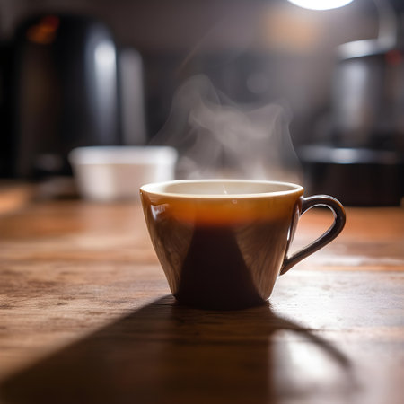 Coffee cup on wooden table in coffee shop, stock photoの写真素材