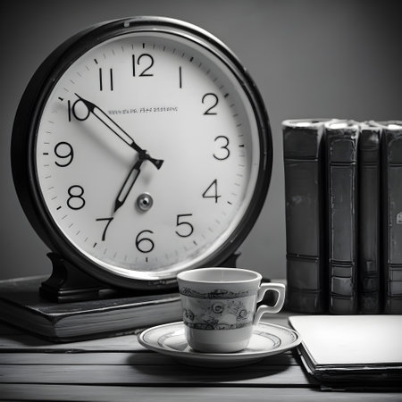 Cup of coffee with books and clock. Black and white.