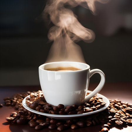 Coffee cup and coffee beans on the table. Coffee backgroundの写真素材