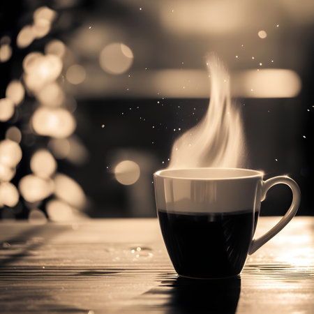 Coffee cup on the wooden table with bokeh backgroundの写真素材