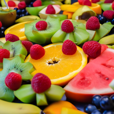 Fruit platter with fresh fruits and berries. Close up.の写真素材