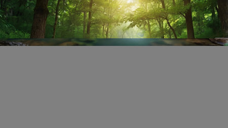 Wooden table in the green forest with sun rays. 3d rendering