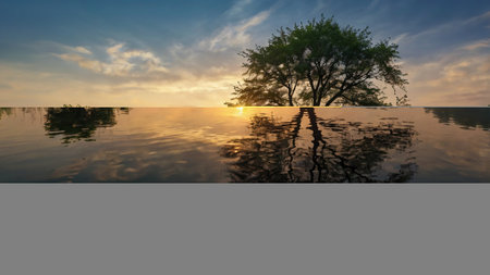 Tree on the lake at sunset with reflection in water, nature background