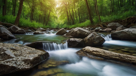 Beautiful mountain river flowing through the green forest. Beautiful landscape.の写真素材