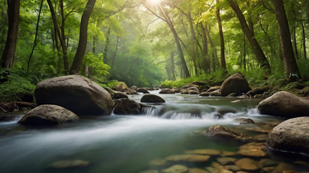 Beautiful river flowing through the forest in the morning. Nature background