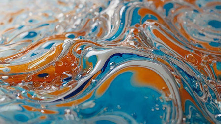 Abstract background of blue and orange paint in water, close-up