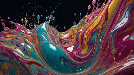 Colorful paint splashes isolated on black background. Abstract art.の写真素材