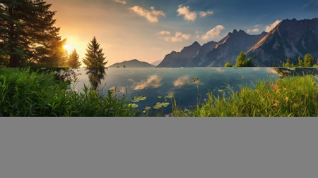 Beautiful alpine lake in the mountains at sunset. Landscape.