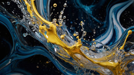 Abstract background of yellow and blue paint splashes on a black background