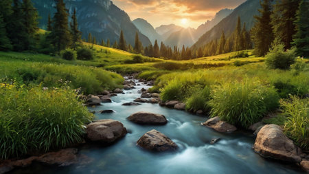 Mountain river at sunset. Beautiful summer landscape with a mountain riverの写真素材